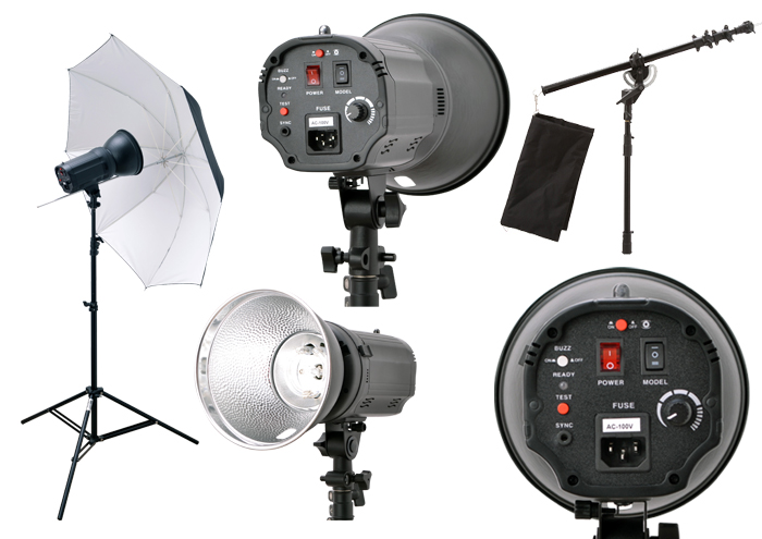 撮影機材 モノブロックストロボGB-150撮影照明+アンブレラ+スタンド中+ブーム中