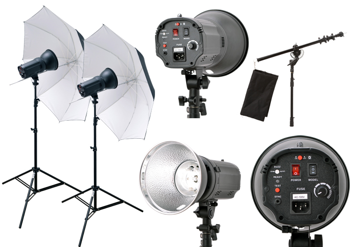 撮影機材 モノブロックストロボGB-150撮影照明+アンブレラ+スタンド中x2+ブーム中