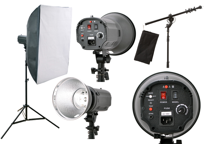 撮影機材 モノブロックストロボGB-150撮影照明+ソフトボックス+スタンド中+ブーム中