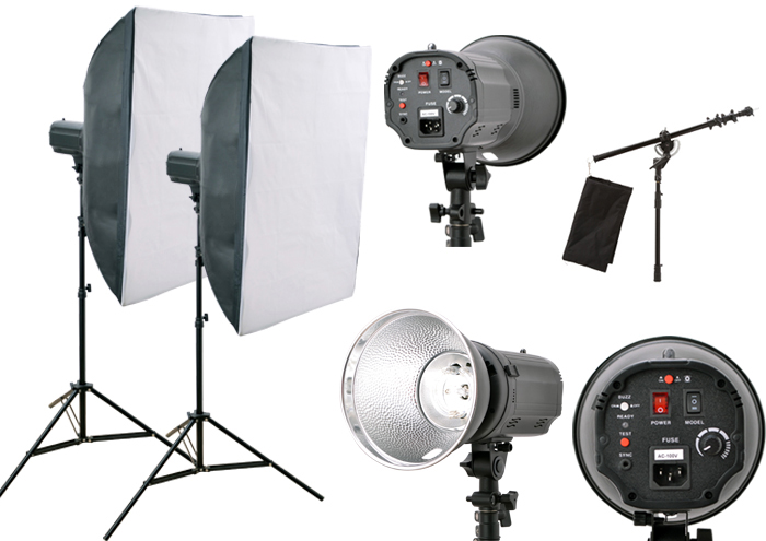 撮影機材 モノブロックストロボGB-150撮影照明+ソフトボックス+スタンド中x2+ブーム中